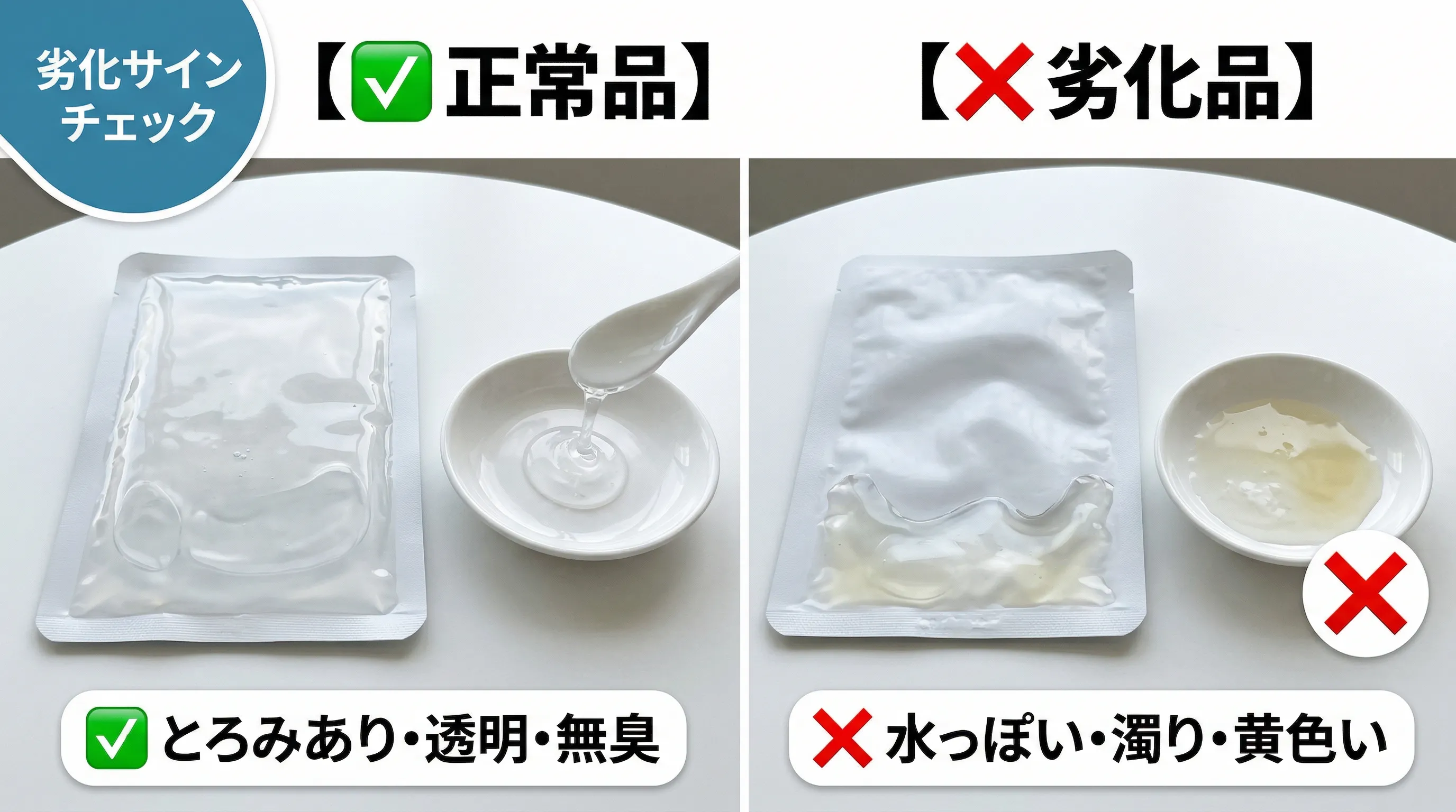 バイオダンスマスク正常品と劣化品の液体状態を左右比較した画像