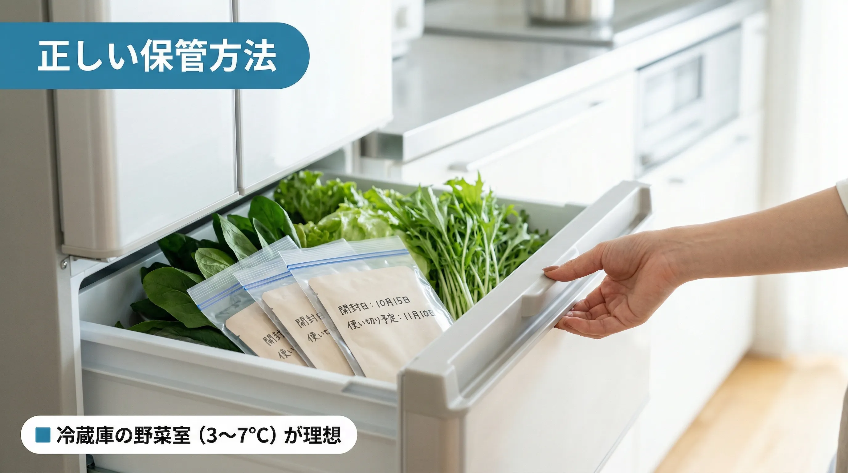 冷蔵庫の野菜室にマスクを開封日記入して保管している手元の写真