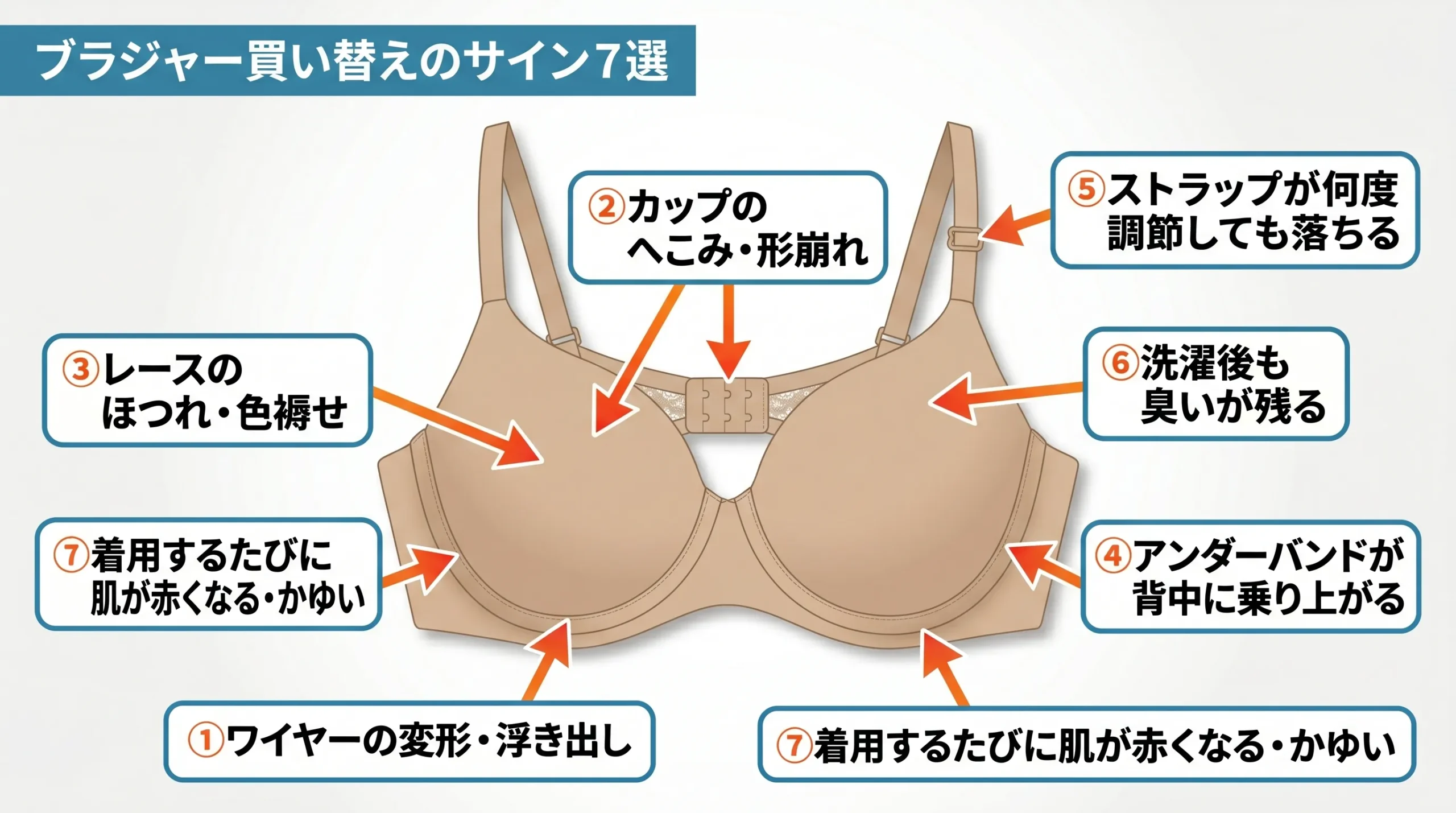 ブラジャーの捨てどき7つのサインをイラスト図で部位別に矢印で示したチェックリスト画像
