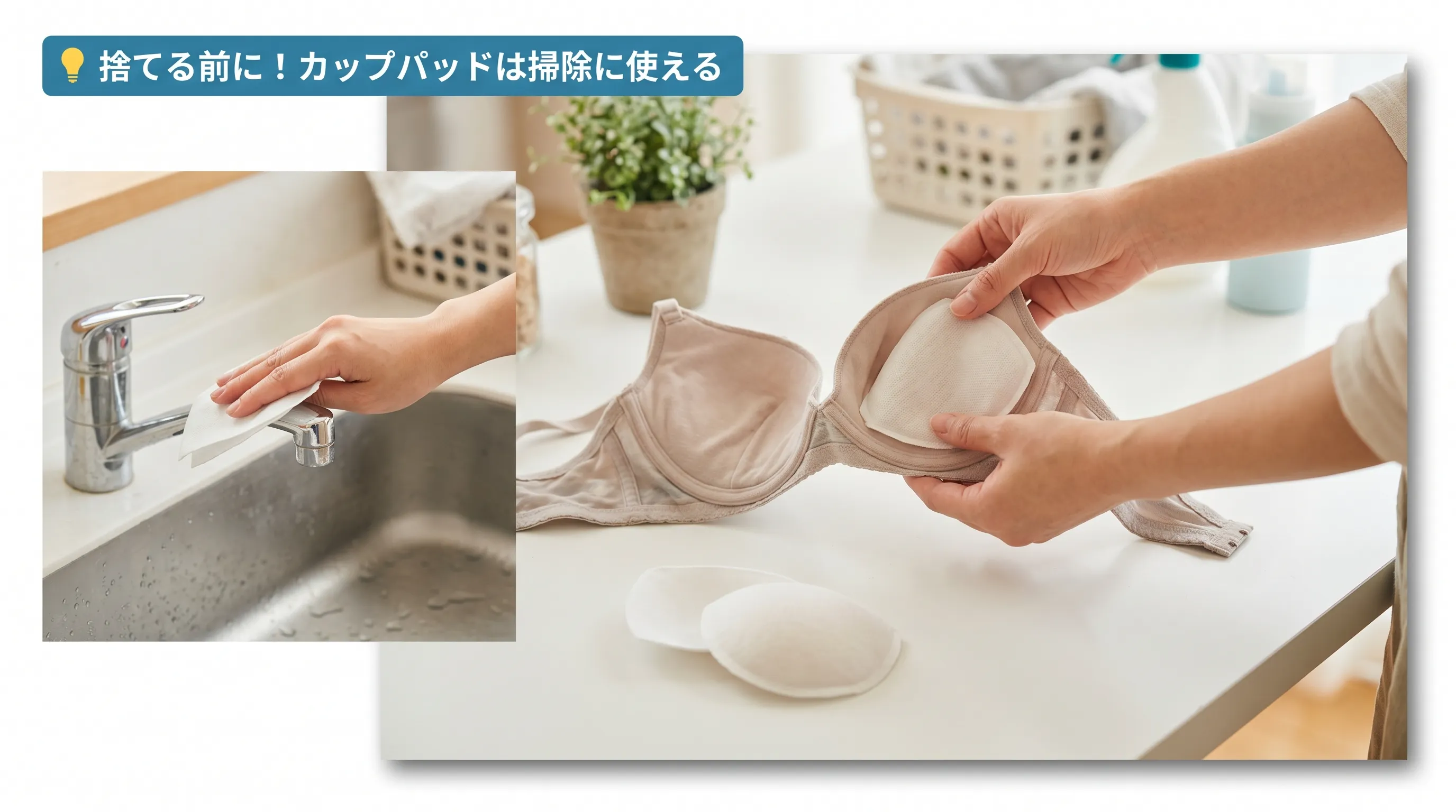 古いブラジャーのカップパッドを取り出して水回りの掃除に活用している手元の写真
