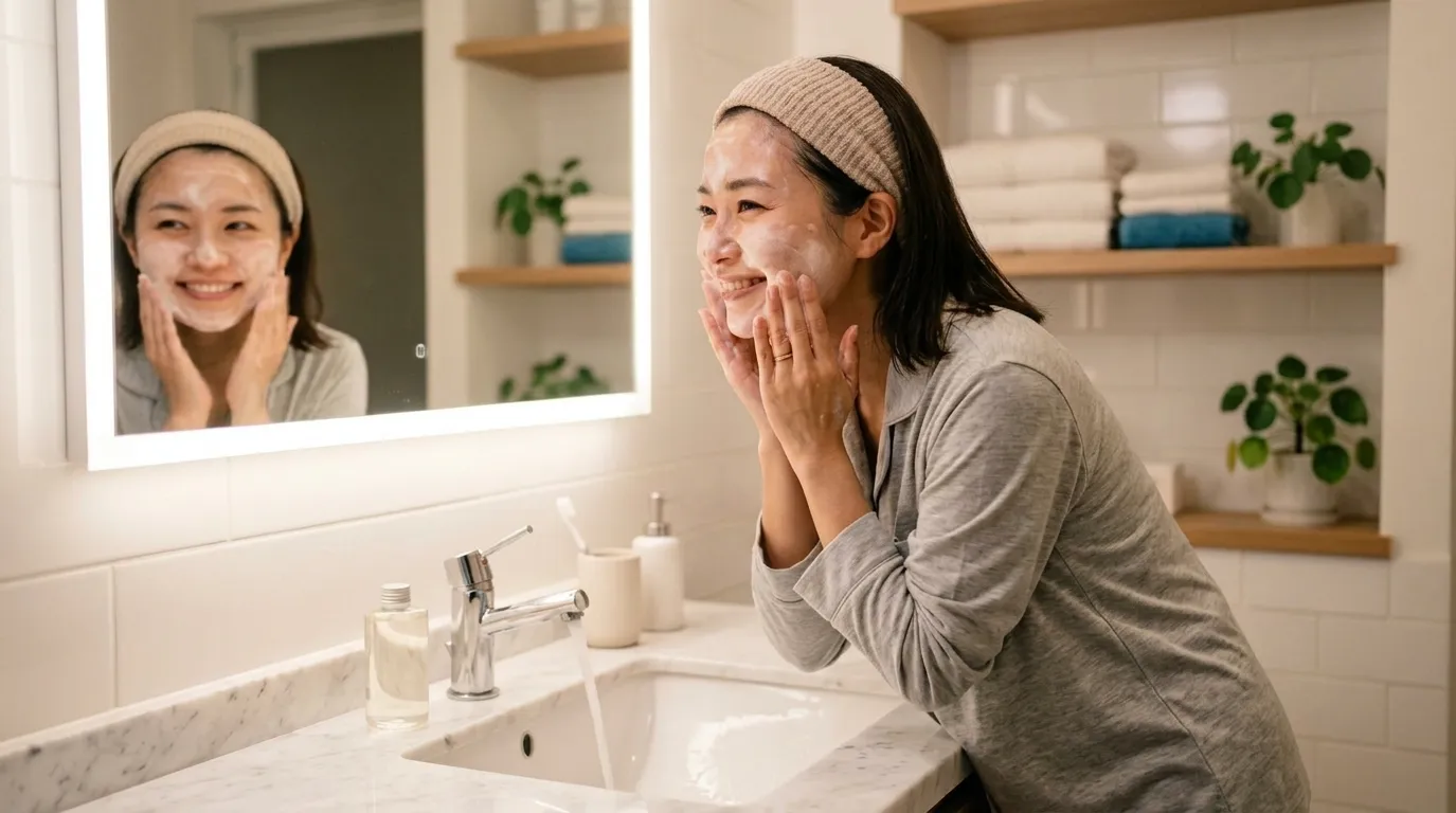 夜の洗面台で笑顔でクレンジングをする日本人女性のライフスタイル写真。清潔感のある温かい照明の中でのスキンケアルーティン。すべての製品は無地でロゴなし。