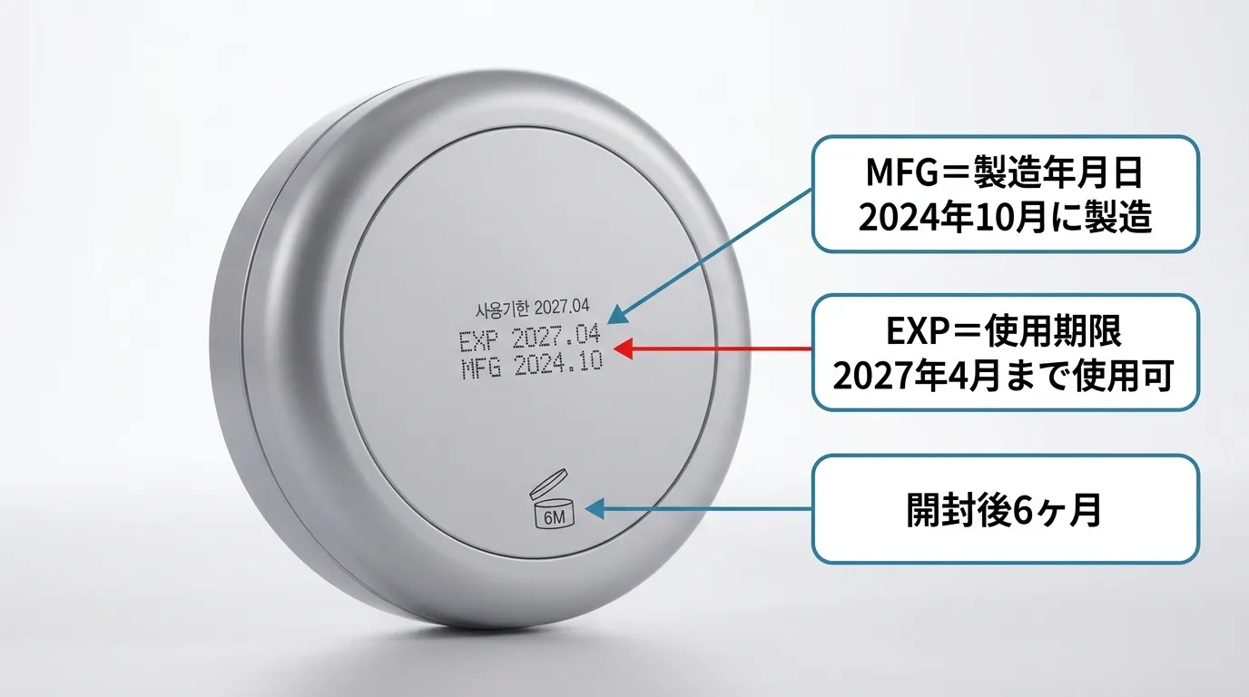 CLIOクッションファンデ缶底面に印字されたEXPとMFGとPAOマークの解説