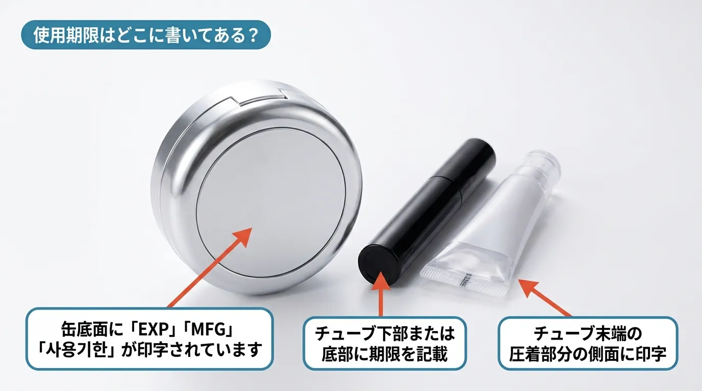 CLIOクッションファンデ・マスカラ・ティントの使用期限記載場所を矢印で示した図解