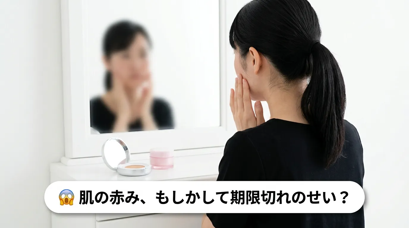 鏡の前で頬に手を当てて気づいた女性の後ろ姿と期限切れコスメによる肌荒れの警告