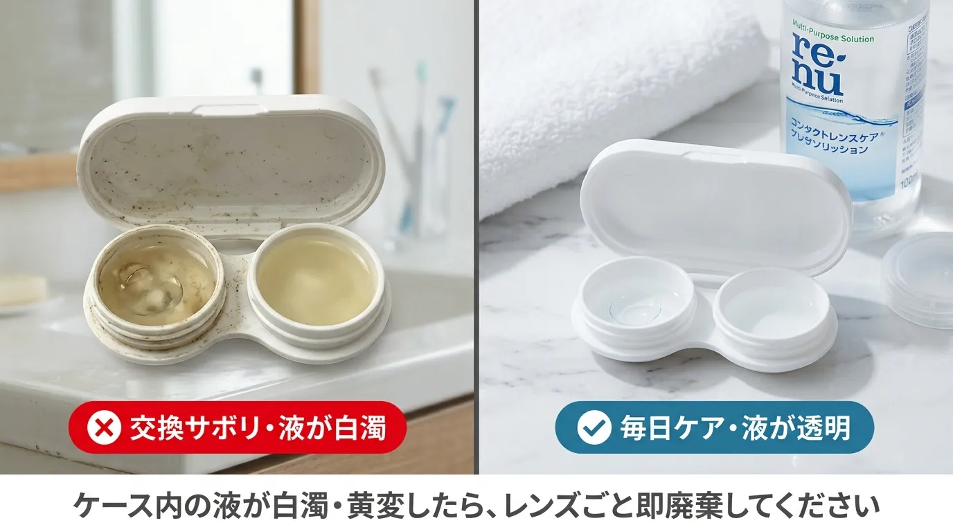 目の充血やゴロゴロ感に気づいた女性が鏡の前で目元を確認するシーン