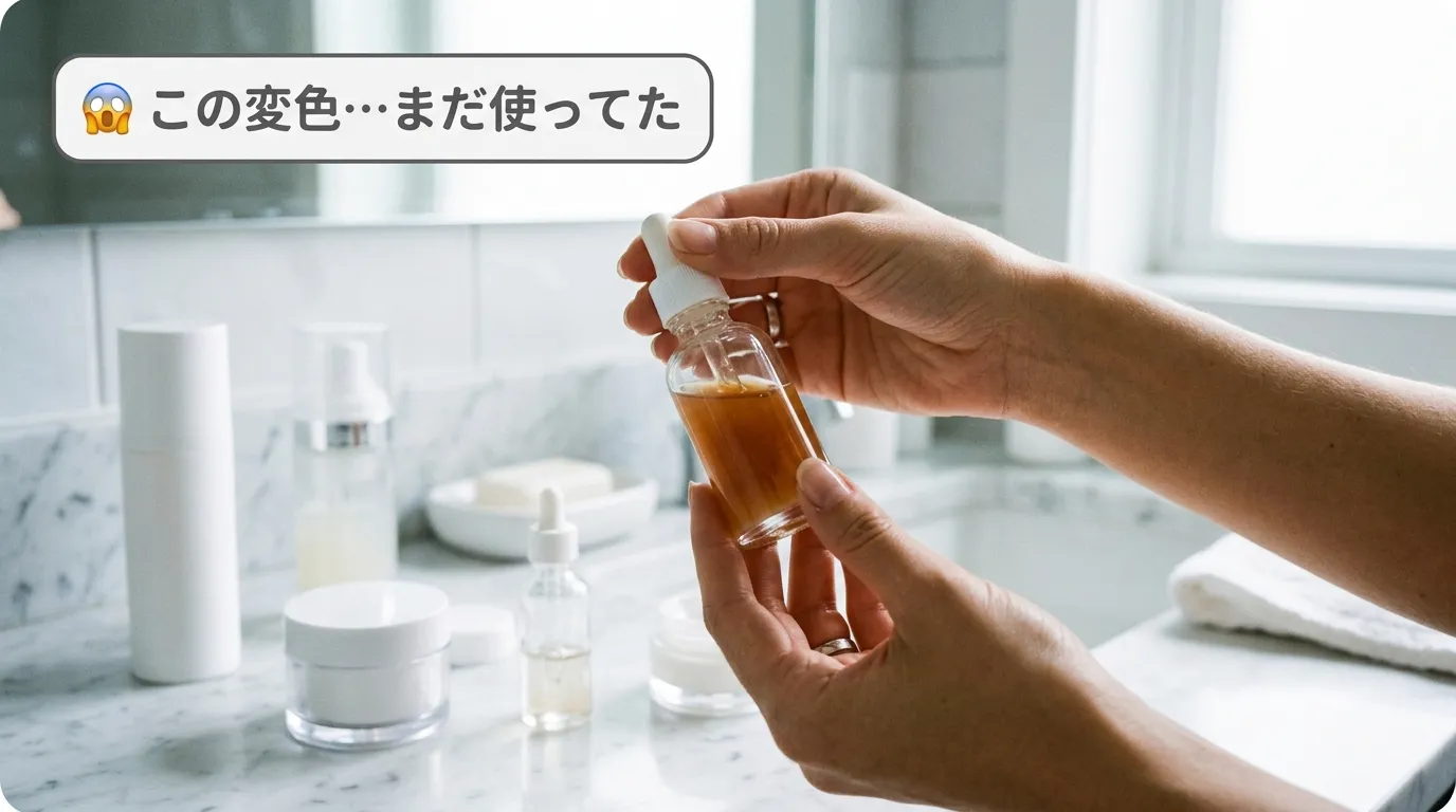 茶色く変色した美容液を確認して驚く女性の手元