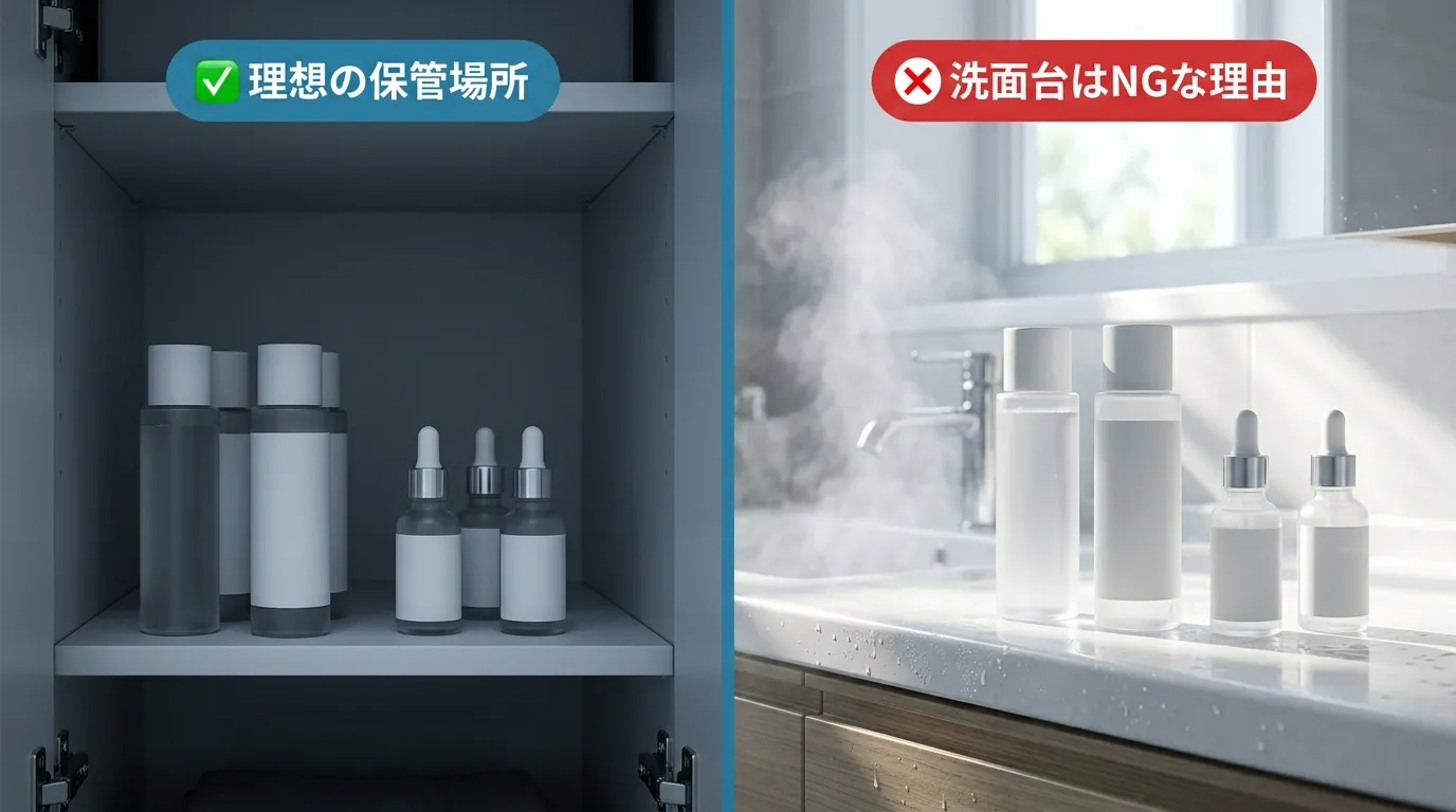 クローゼット保管OKと洗面台保管NGの比較写真