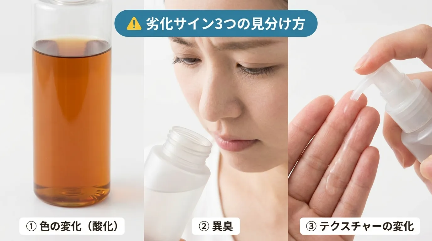 スキンケア劣化サイン3つ・変色・異臭・テクスチャー確認