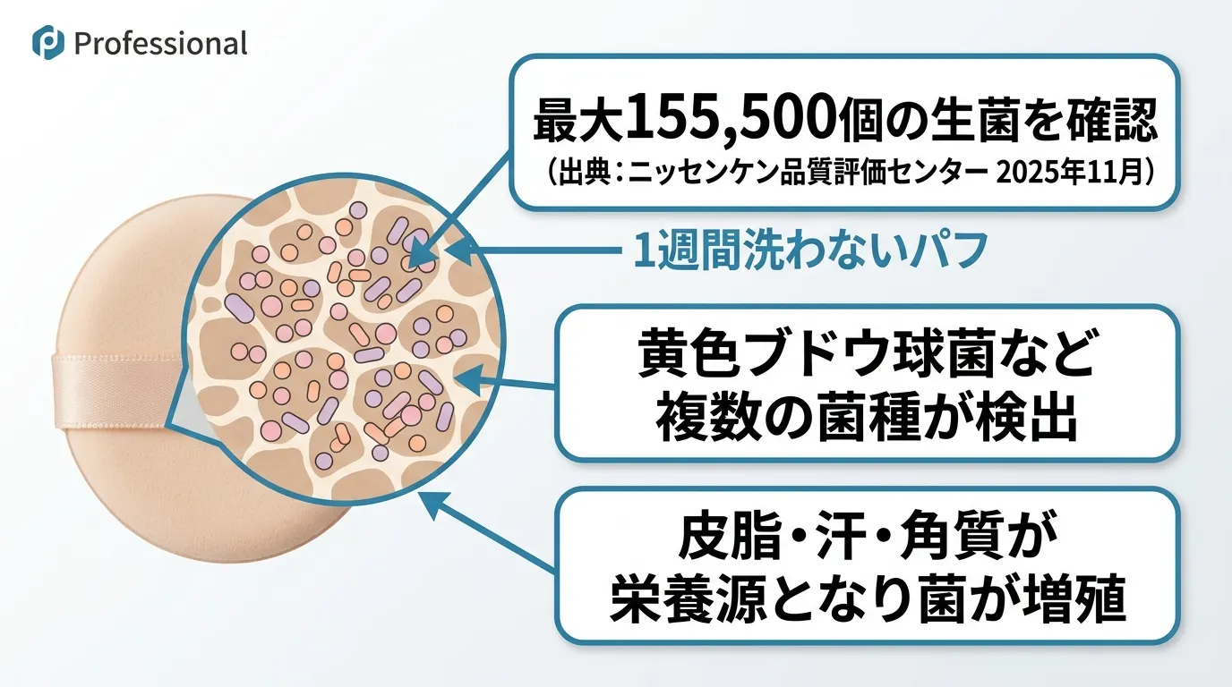 洗っていないクッションファンデのパフに付着した菌のリスクを示すイラスト
