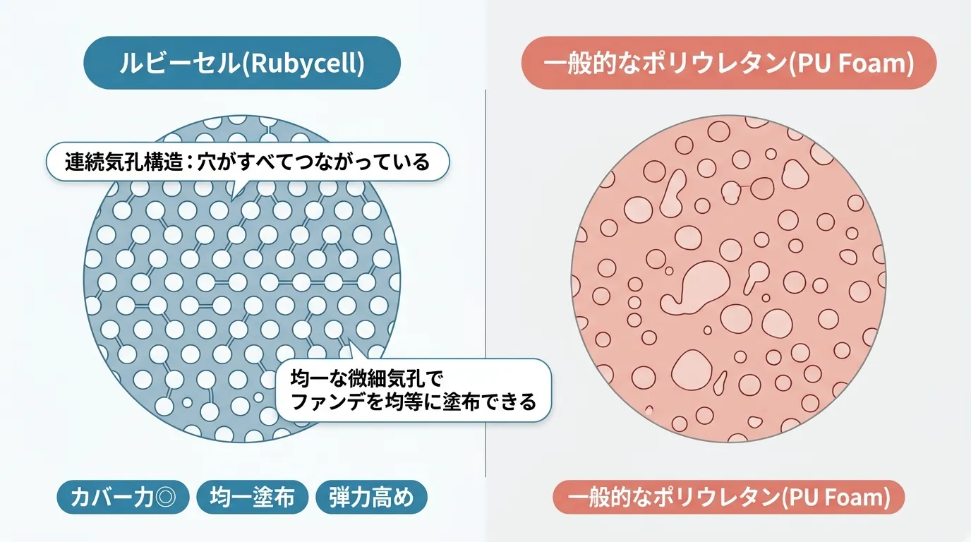 クッションファンデのパフ素材（ルビーセル・ポリウレタン）の断面比較イラスト