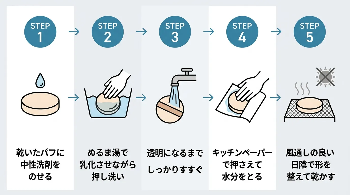 クッションファンデのパフの正しい洗い方5ステップを示す手順図