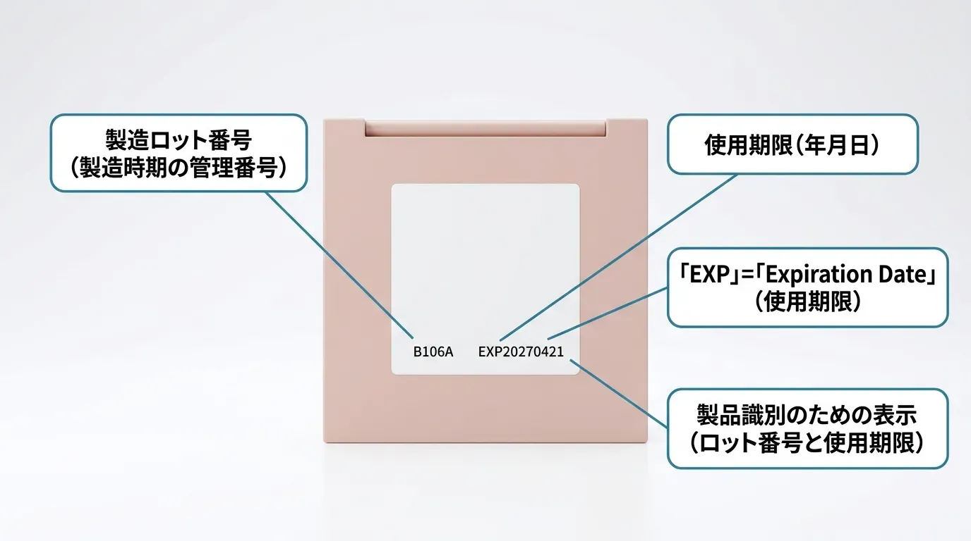 デイジークパレット裏面ラベルのEXP表記とロット番号の読み方を吹き出しで解説した図