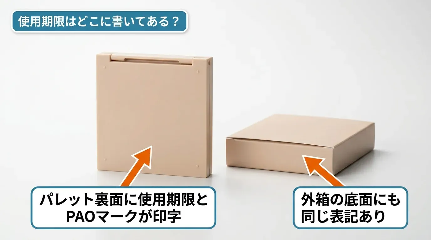アイシャドウパレットの裏面・外箱底面・蓋内側に使用期限が書かれている場所を矢印で示した図
