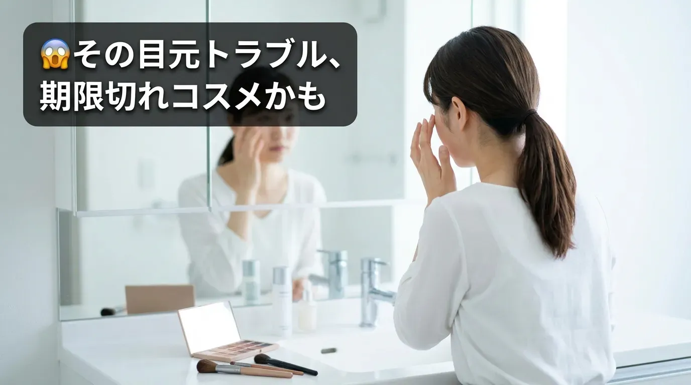 洗面台の鏡の前でまぶたの目元トラブルを気にする女性の後ろ姿と注意ラベル