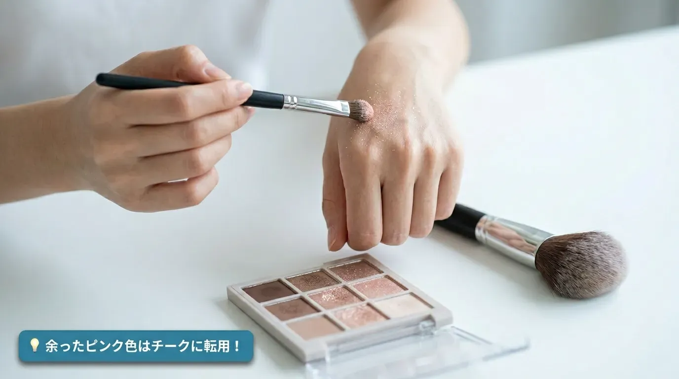 アイシャドウパレットのピンク色をブラシでチーク代わりに手の甲にのせている手元写真