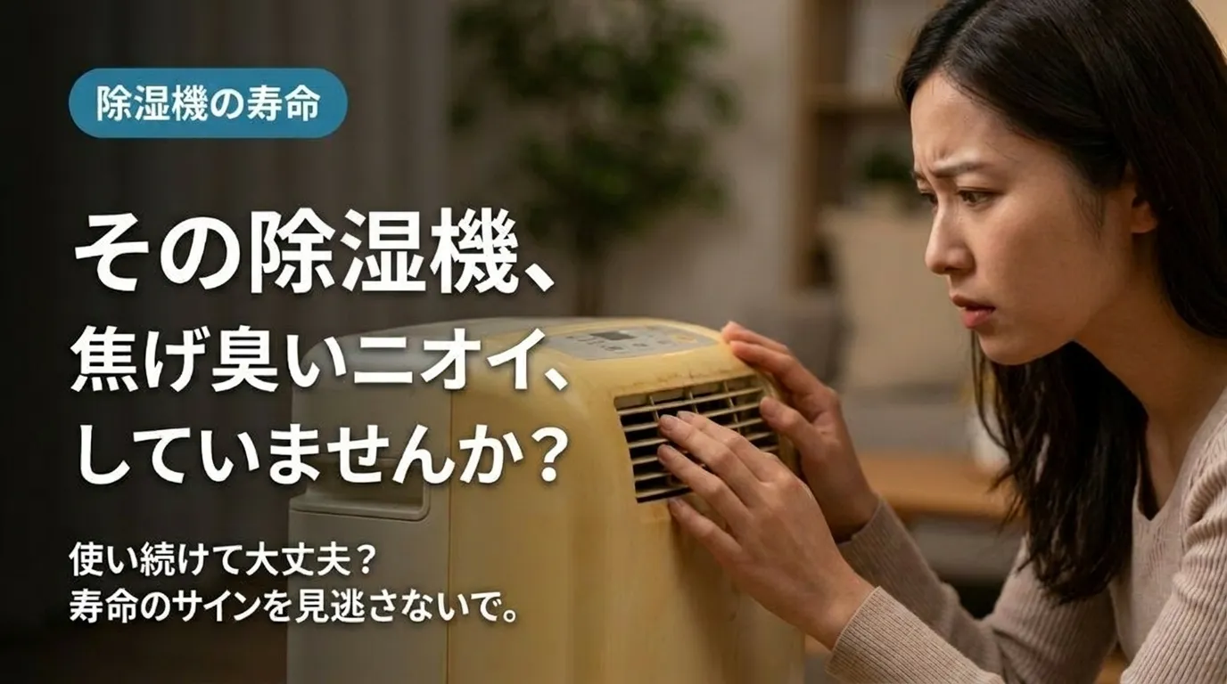 焦げ臭い匂いに気づき不安になる女性と古い除湿機