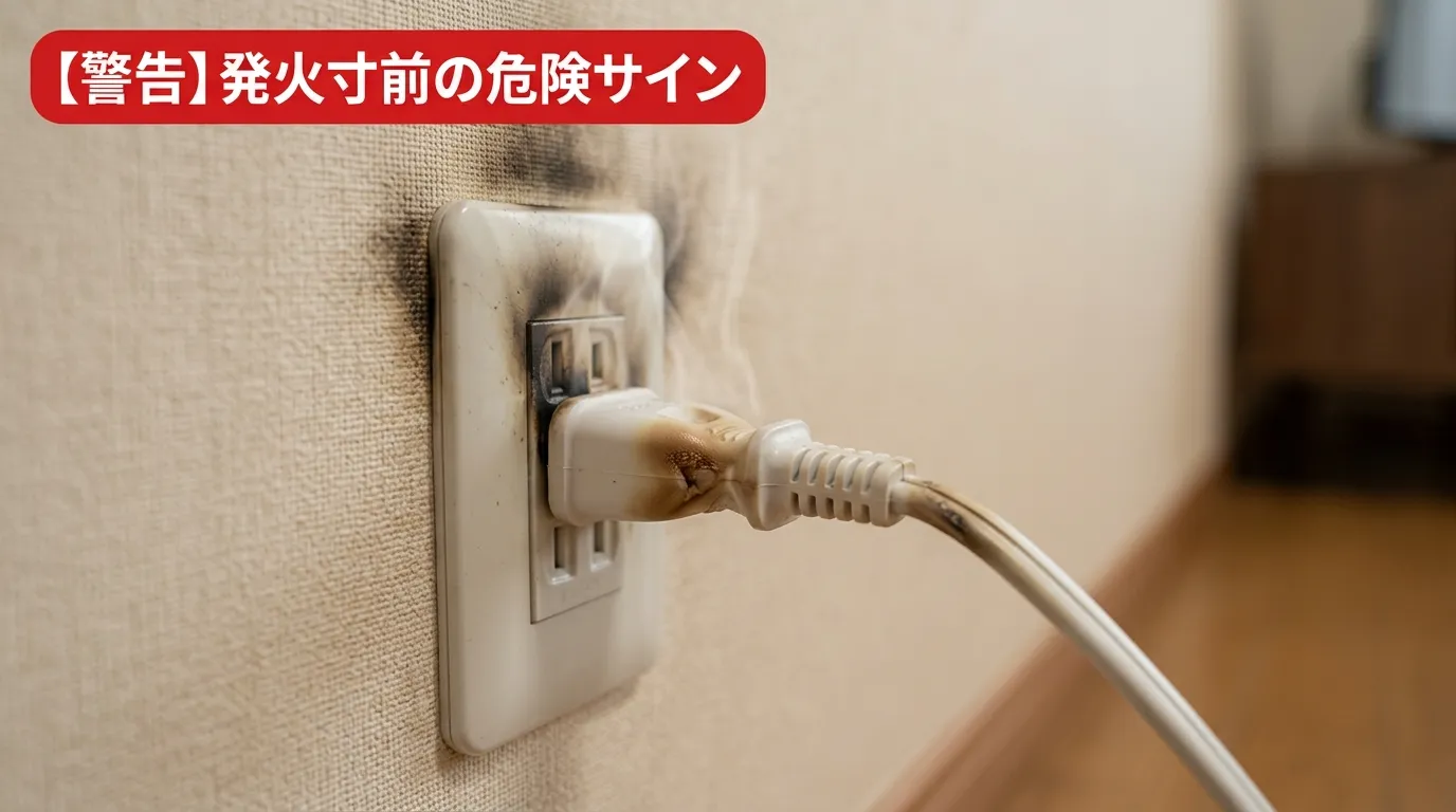 熱で変色し焦げている除湿機の電源コードとプラグ
