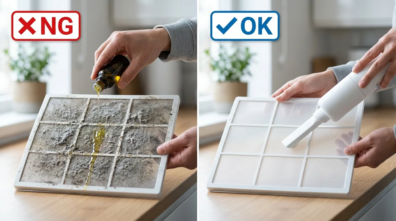 除湿機フィルターの間違った手入れと正しい手入れの比較