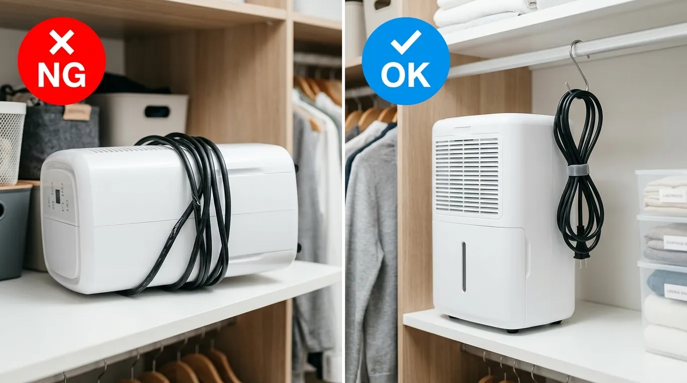 除湿機の間違った保管方法と正しい保管方法の比較