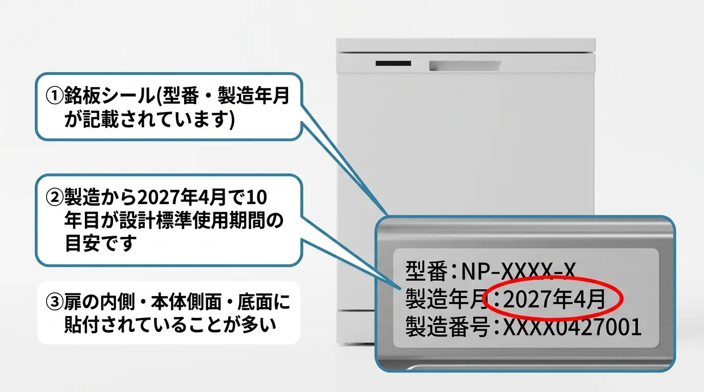 食洗機の銘板シールに記載された製造年月の確認方法を解説した画像