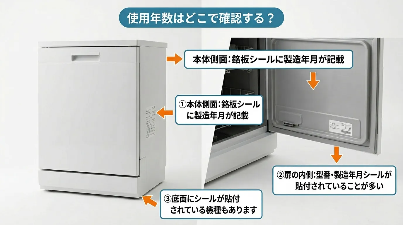 食洗機本体の側面・扉内側・底面の銘板シール貼付位置を矢印で示した解説図