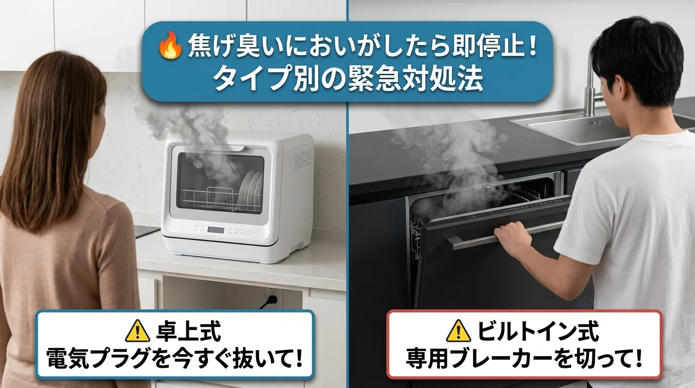 食洗機の焦げ臭い時の緊急対処法を卓上式とビルトイン式で解説した画像