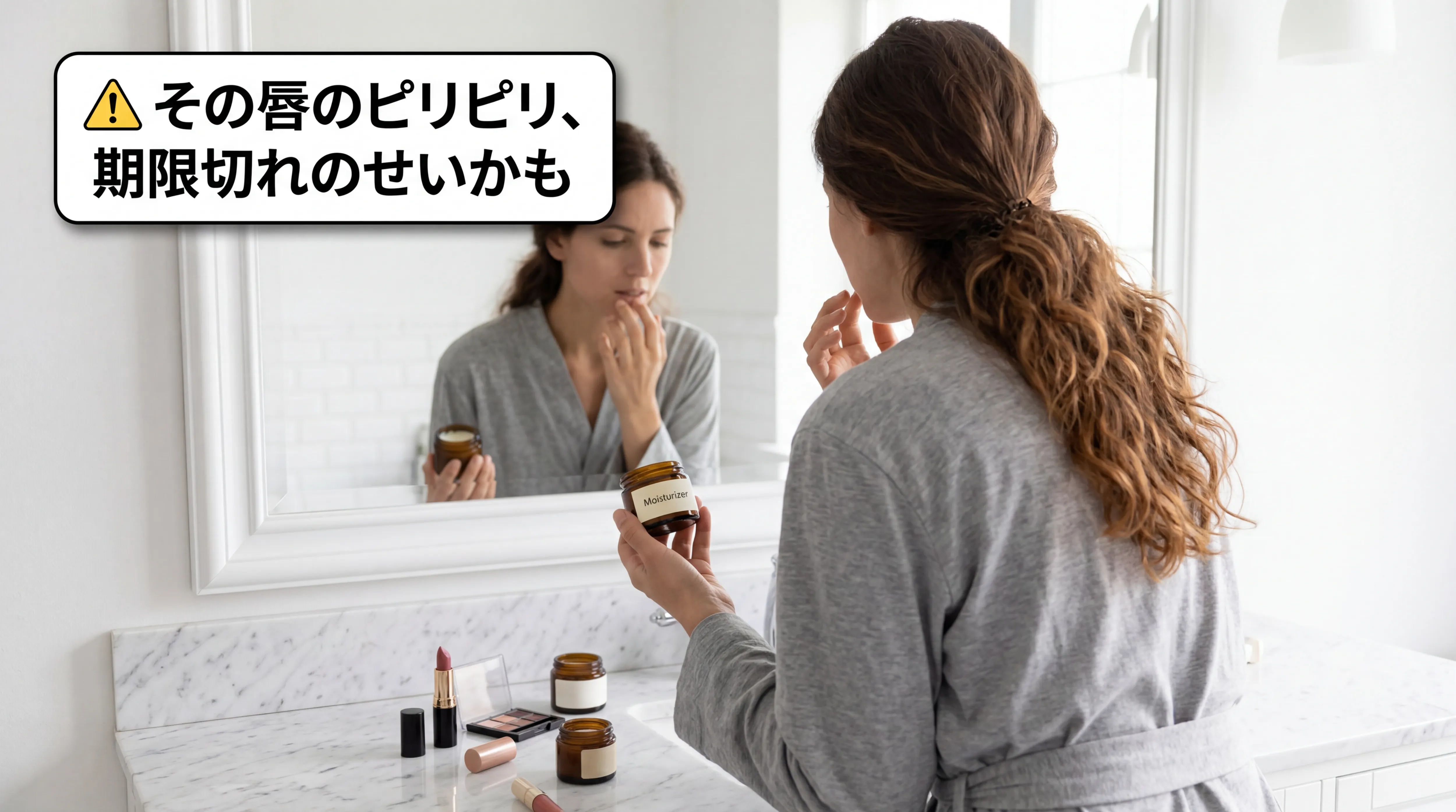 期限切れのプリンポット使用後に唇の異変に気づいた女性の後ろ姿