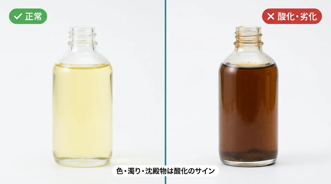 正常なヘアオイルと酸化・変色したヘアオイルのボトル比較