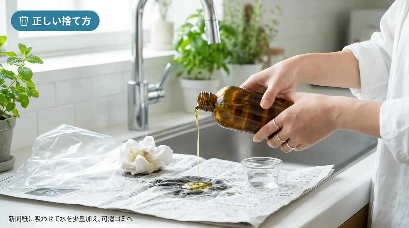 酸化したヘアオイルを新聞紙に吸わせて正しく処分している手元