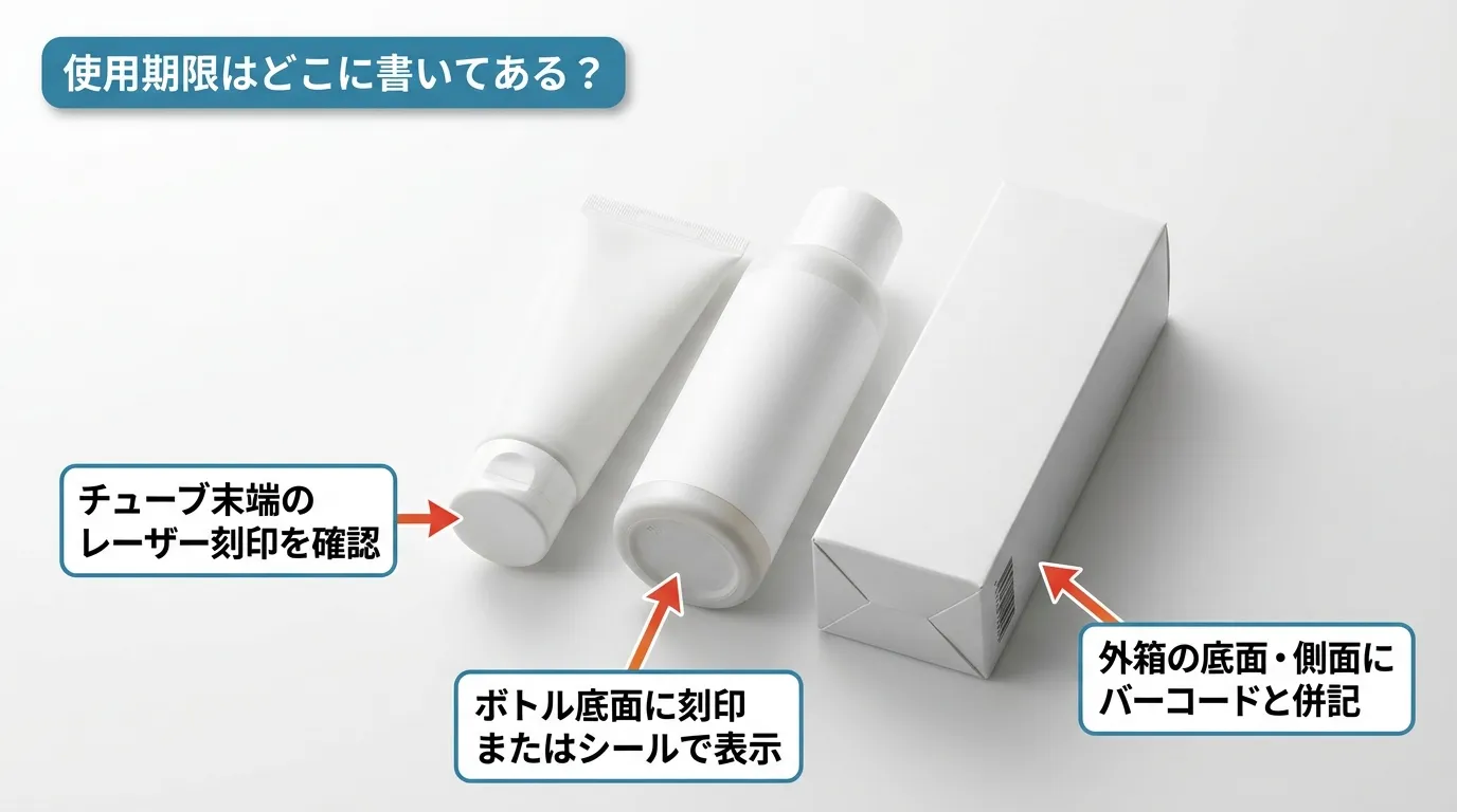 イニスフリーのチューブ末端・ボトル底面・外箱に使用期限を示す矢印解説図
