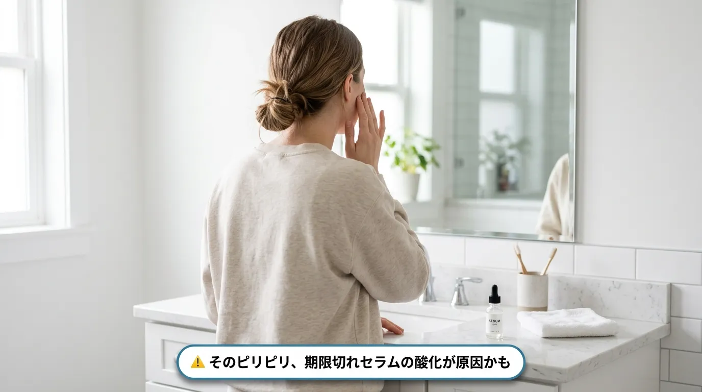 開封後10ヶ月のビタCセラムで肌がピリピリした女性が頬に手を当てる場面