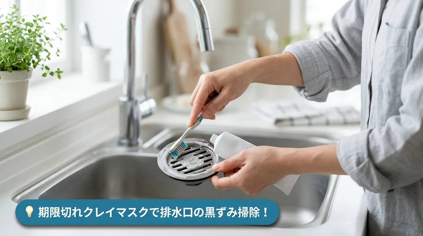 期限切れのクレイマスクを排水口の黒ずみ掃除に活用している手元の写真