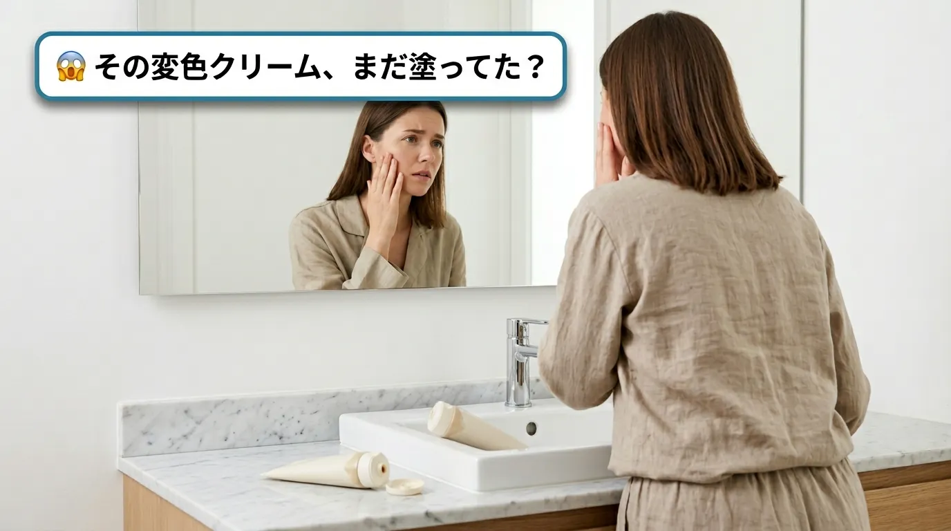 変色した美容液クリームを使い続けた結果、肌の状態が気になり鏡を見る女性の後ろ姿