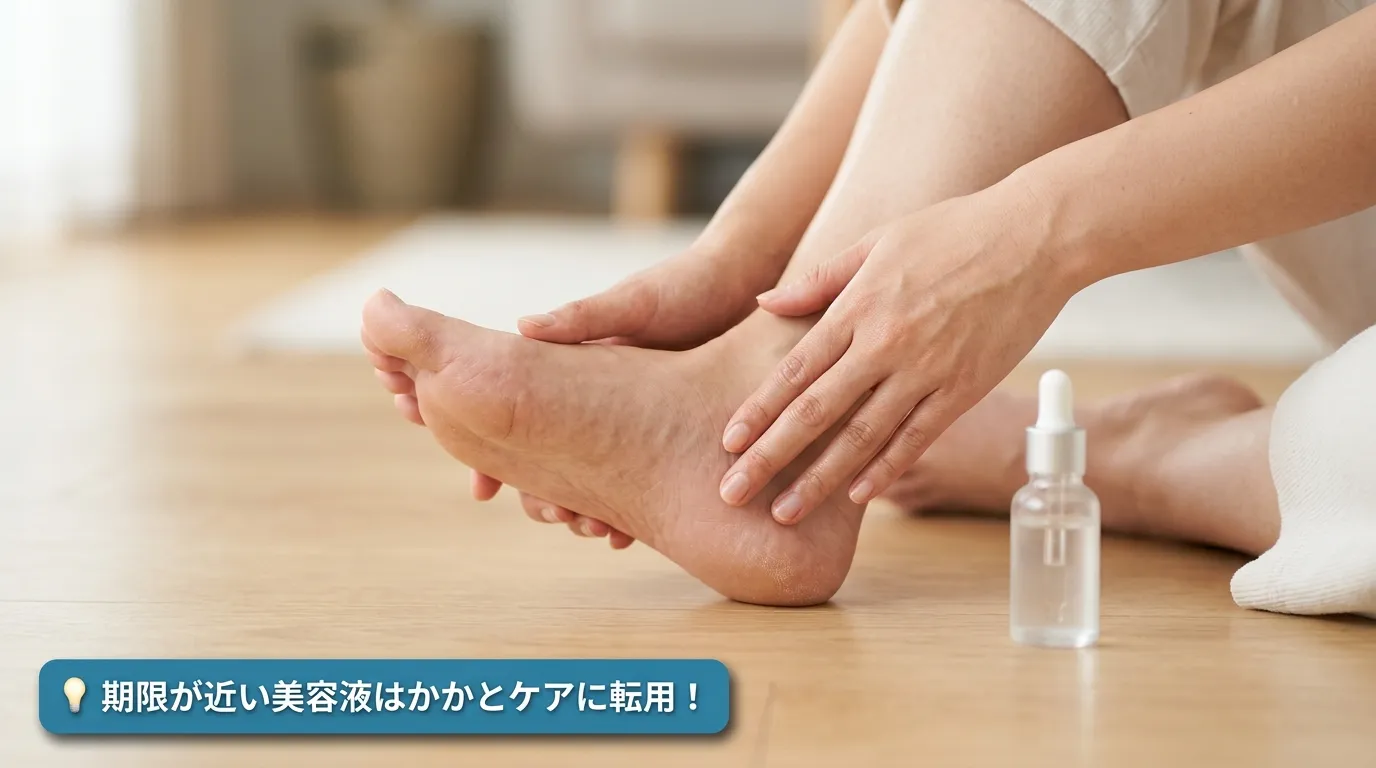 期限が近いKISO美容液を素足のかかとに塗り込んでケアする手元のアップ