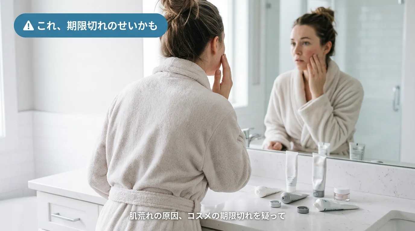 期限切れコスメを使い頬に赤みが出て鏡を見る女性の後ろ姿