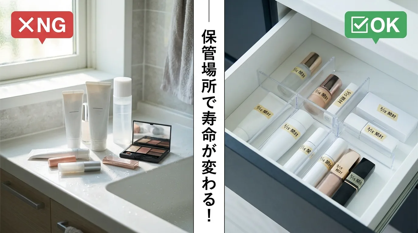 コスメの保管場所NG例（洗面台出しっぱなし）とOK例（引き出し収納）の比較