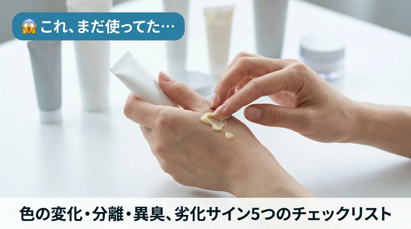 変色・分離したクリームを手の甲で確認する劣化サインのクローズアップ