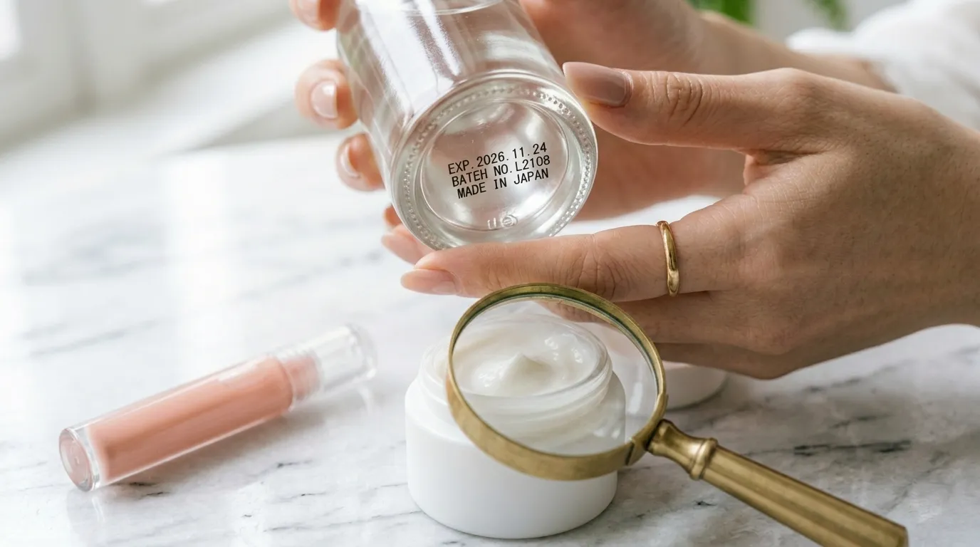 韓国コスメの外箱底面でEXP使用期限を確認する手元
