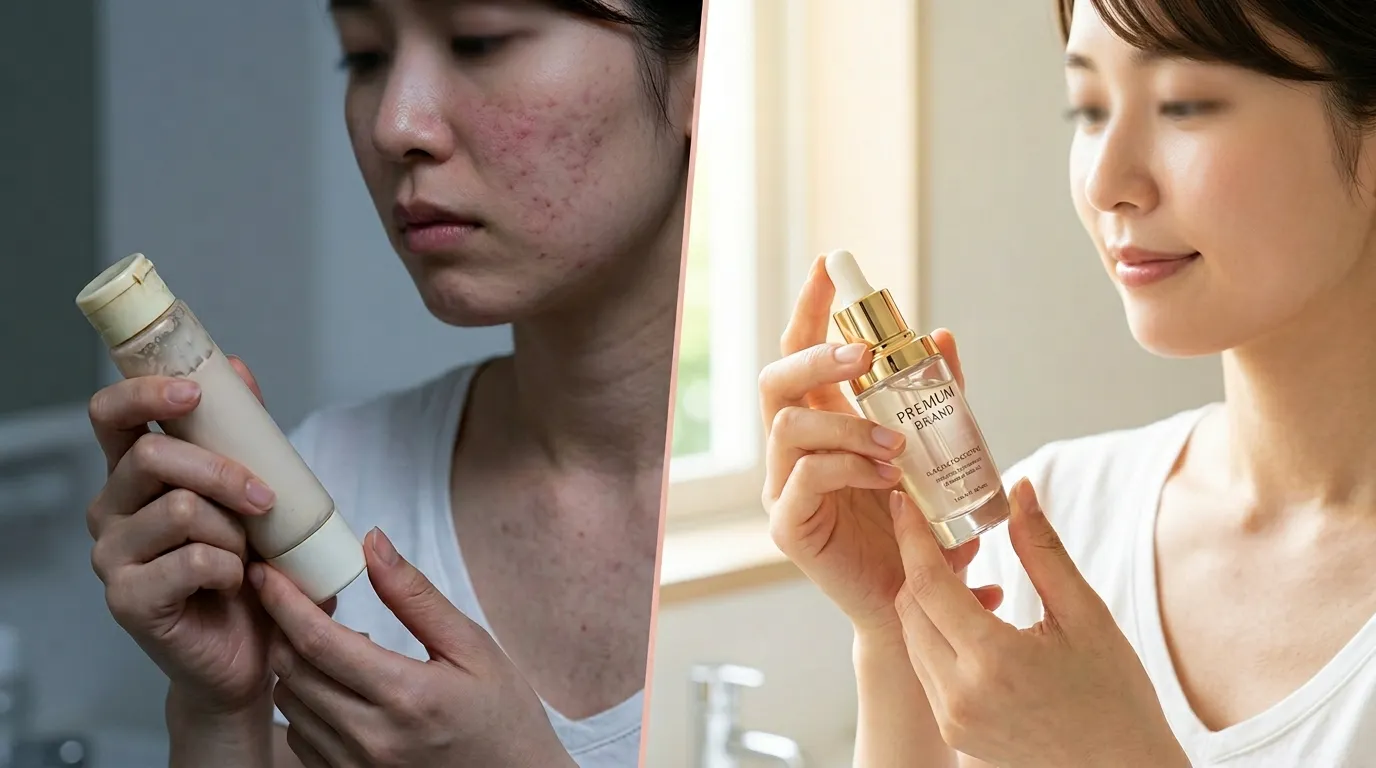 期限切れコスメで肌荒れする女性と正しく確認する女性の比較