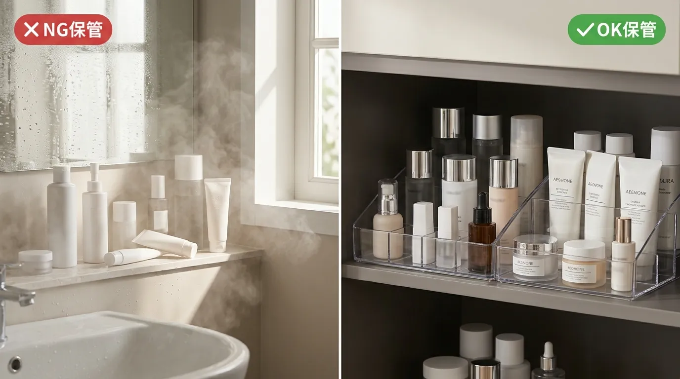 韓国コスメのNG保管場所とOK保管場所の比較写真