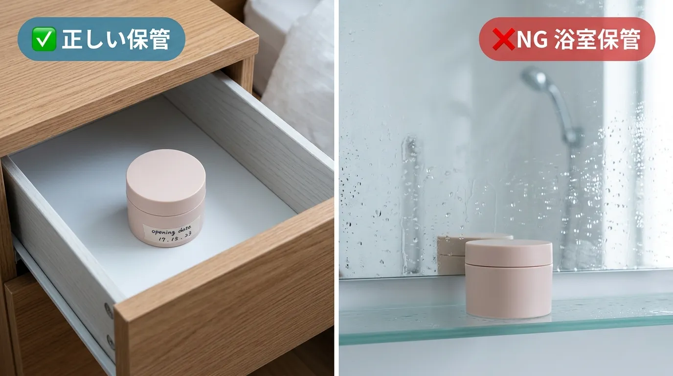 リップバームの正しい保管場所と避けるべき浴室保管の比較写真