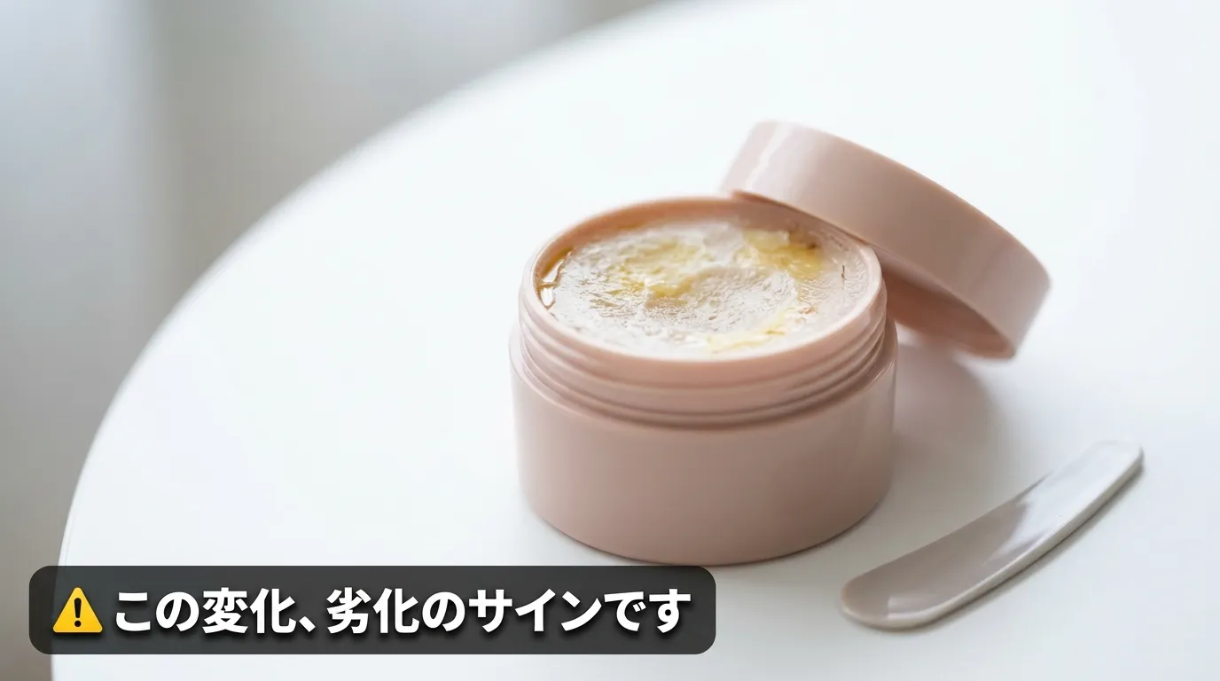 劣化したリップバーム表面の色ムラと油浮きを接写で確認するクローズアップ