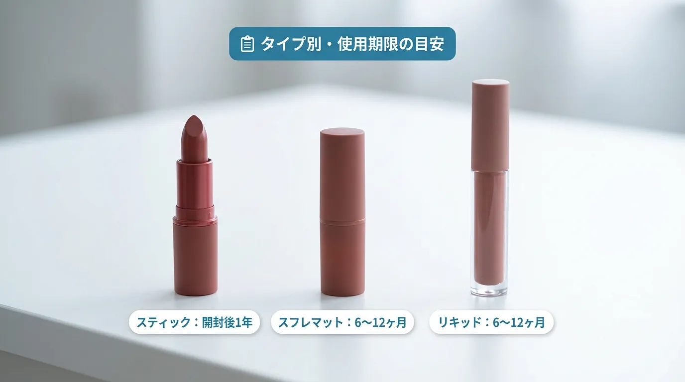 スティック・スフレマット・リキッドの3タイプ別リップ使用期限目安を並べた解説画像