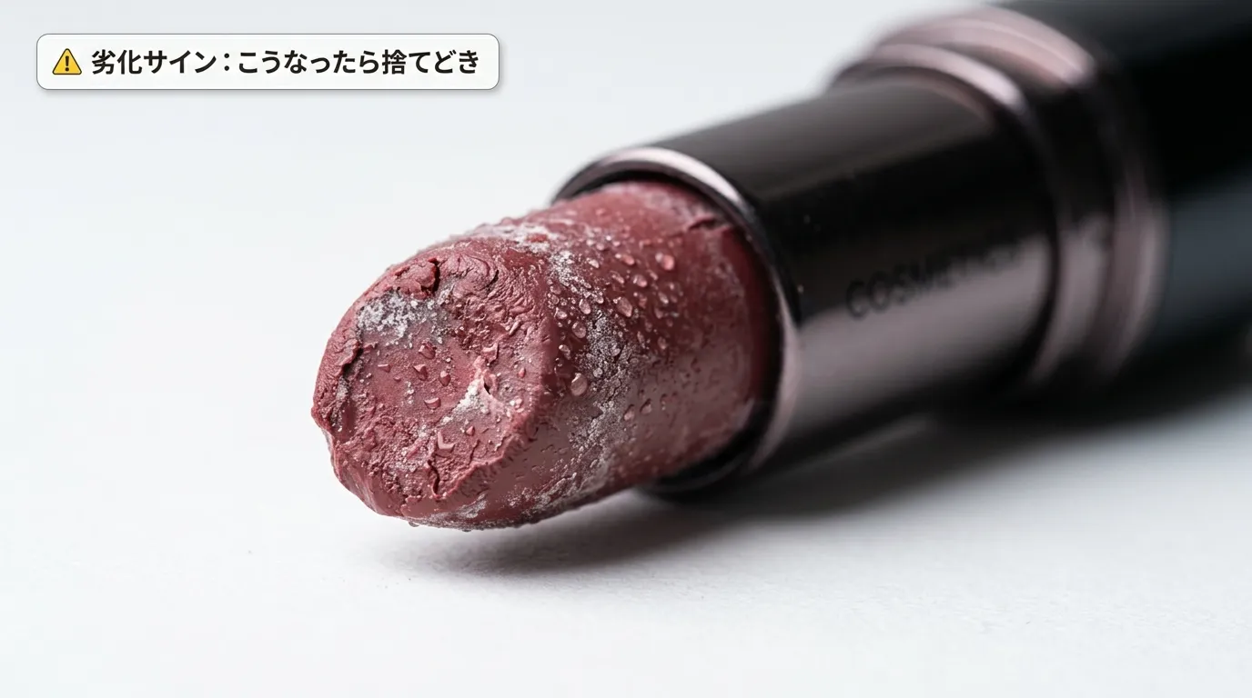 リップスティック先端に白い粉や油浮きが生じた劣化サインのクローズアップ写真