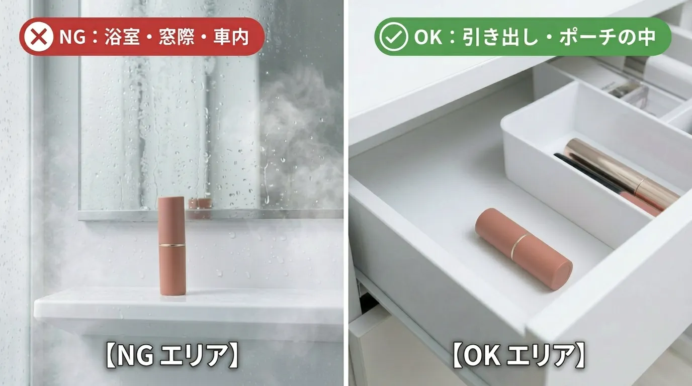 浴室NG保管と引き出しOK保管を左右で比較したリップモンスター保管方法解説画像