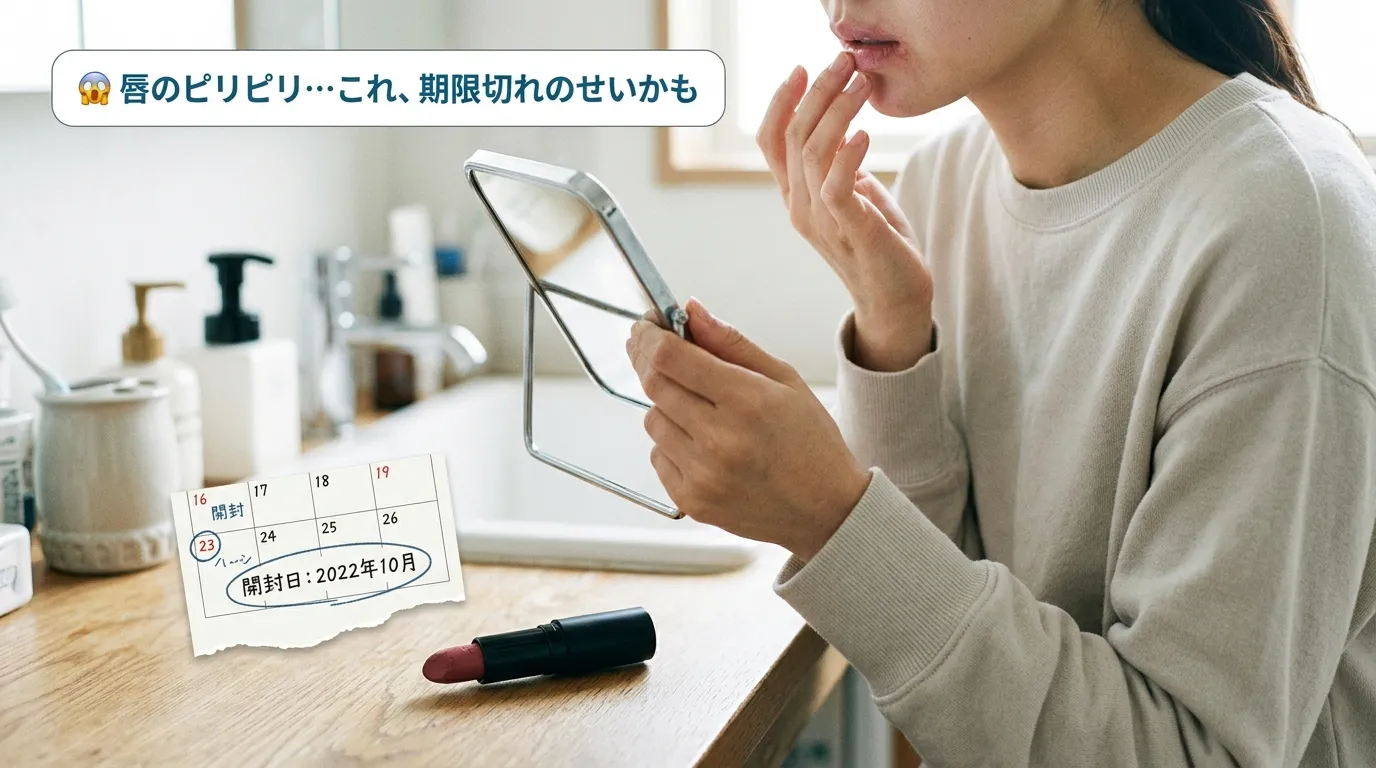 唇の違和感に気づいた女性の手元と使いかけリップの共感シーン写真