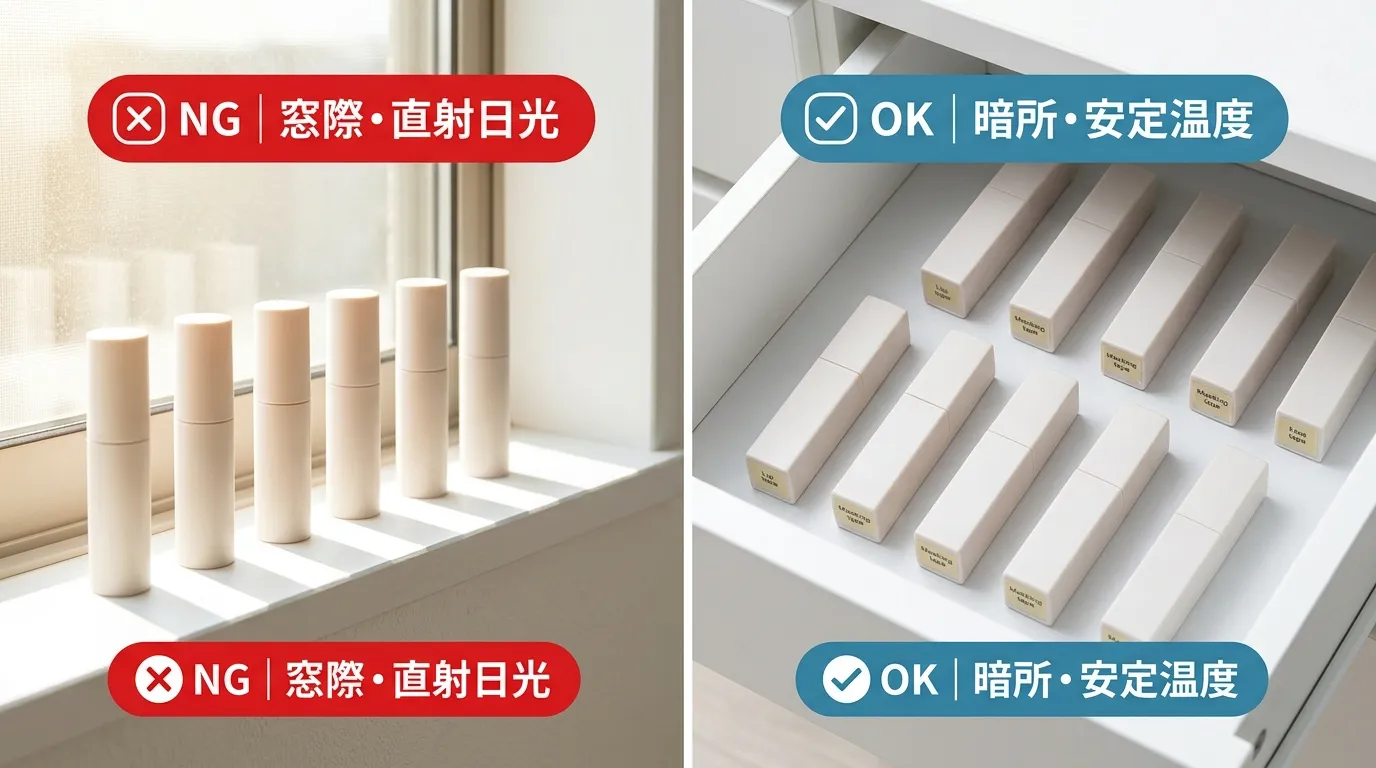 リッププランパーの窓際NG保管と引き出しOK保管の比較写真