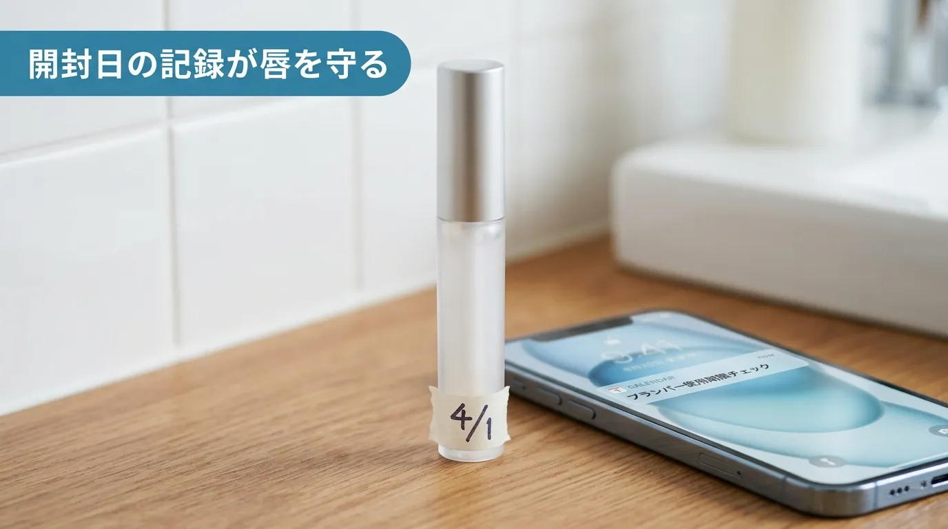 マスキングテープで開封日を記録したリッププランパーとスマホのリマインダー