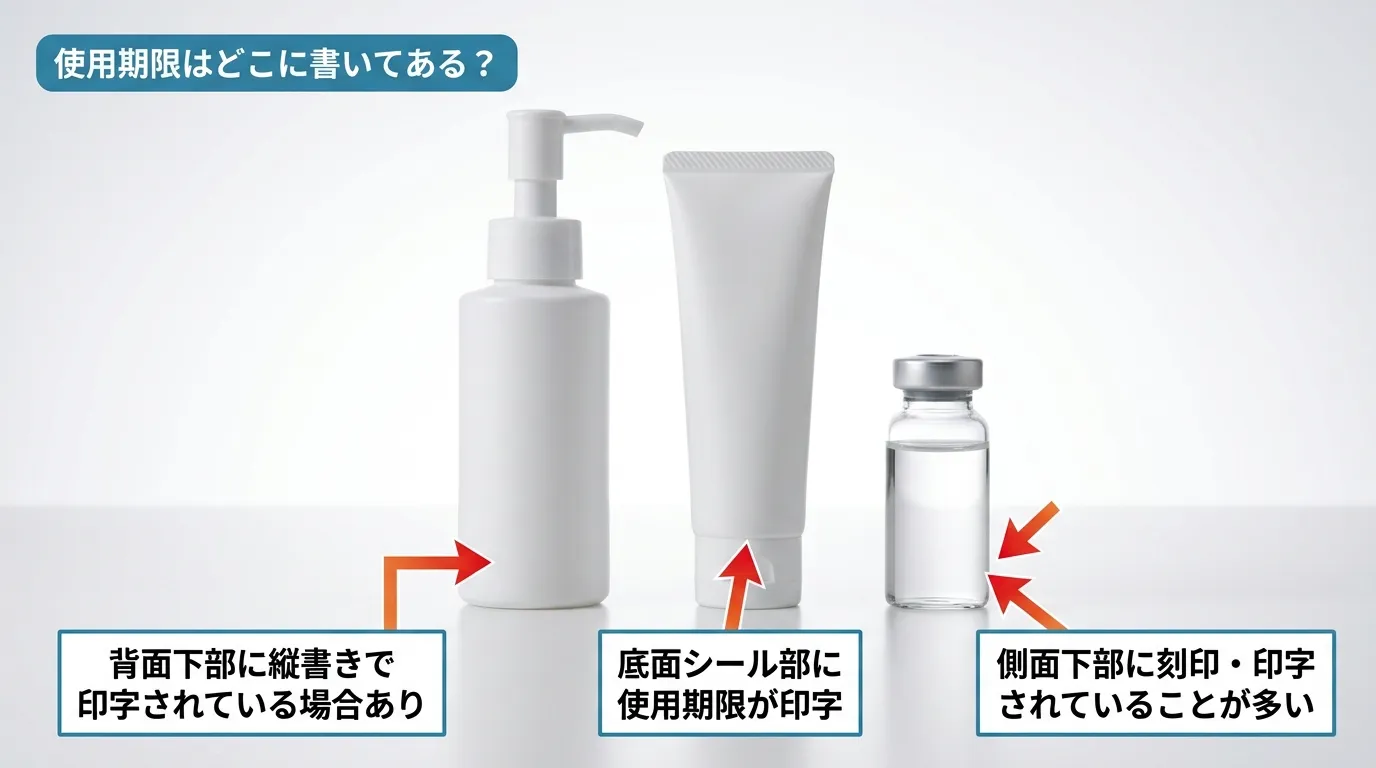 魔女工場スキンケアボトルの底面・側面・チューブの使用期限記載場所を矢印で解説