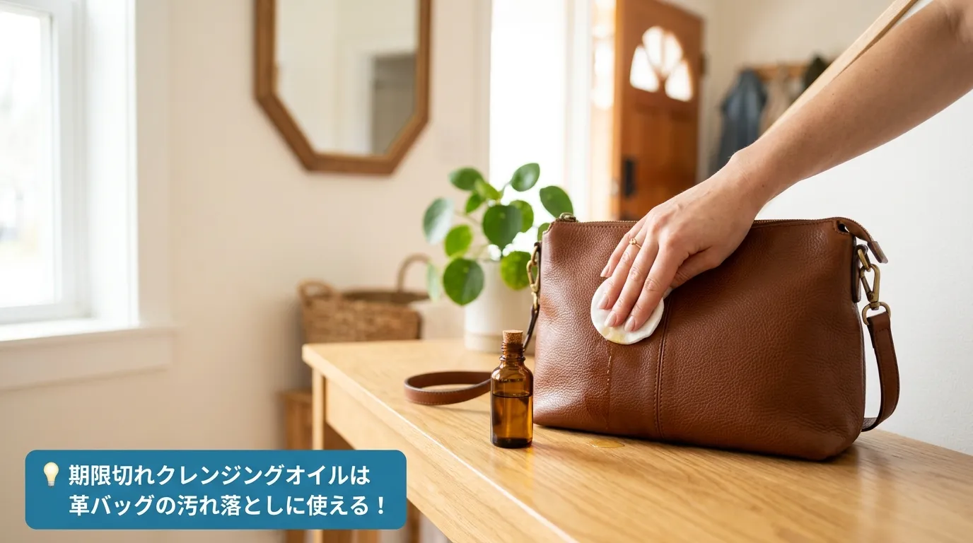 期限切れクレンジングオイルをコットンに含ませて革製バッグの汚れを拭き取る手元